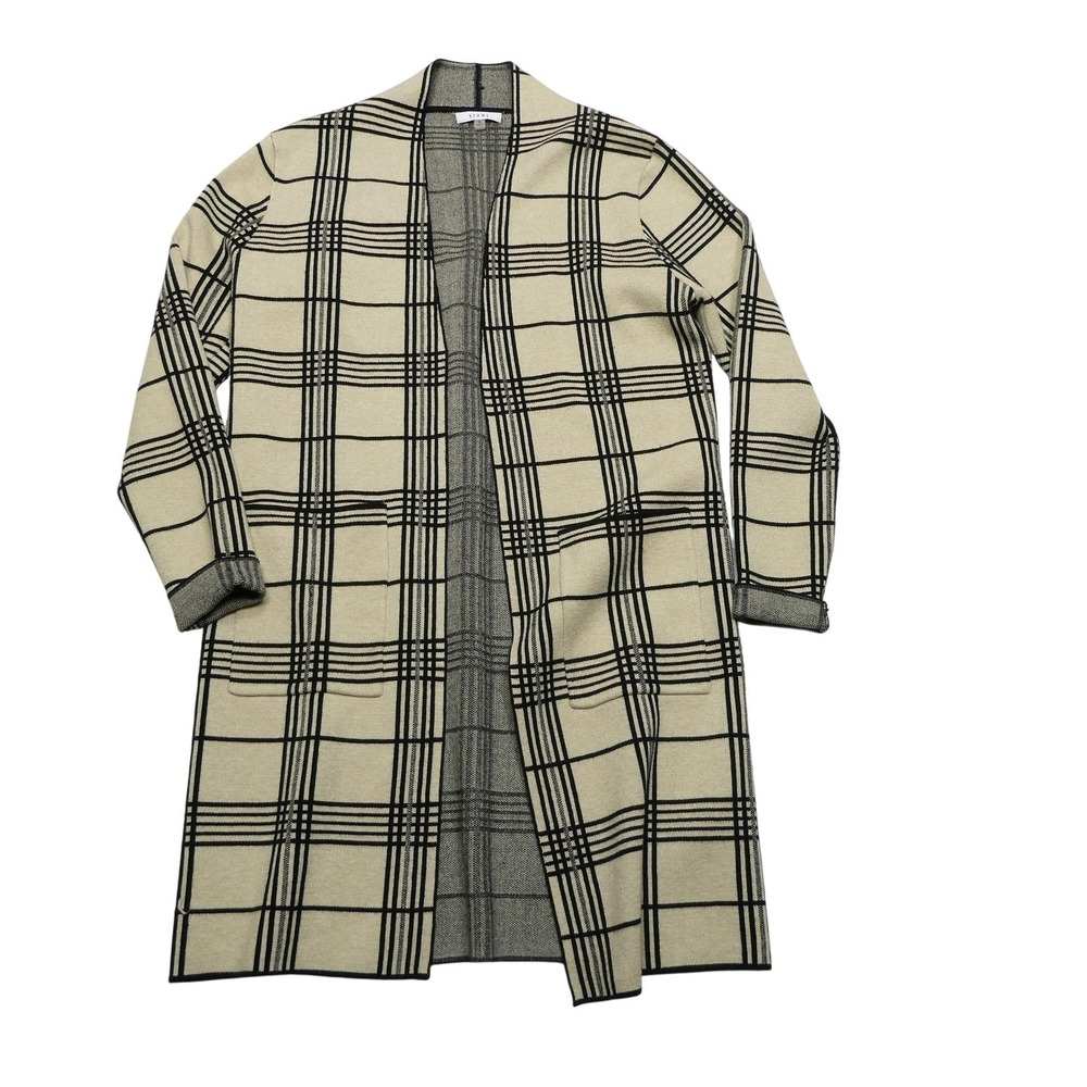 Sioni Sweater Womens Small Beige Black Plaid Open Front Longline Cardigan Duster